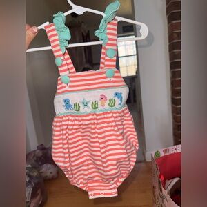 ** SOLD ** Coral & White Striped Baby Romper with Ocean Embroidery